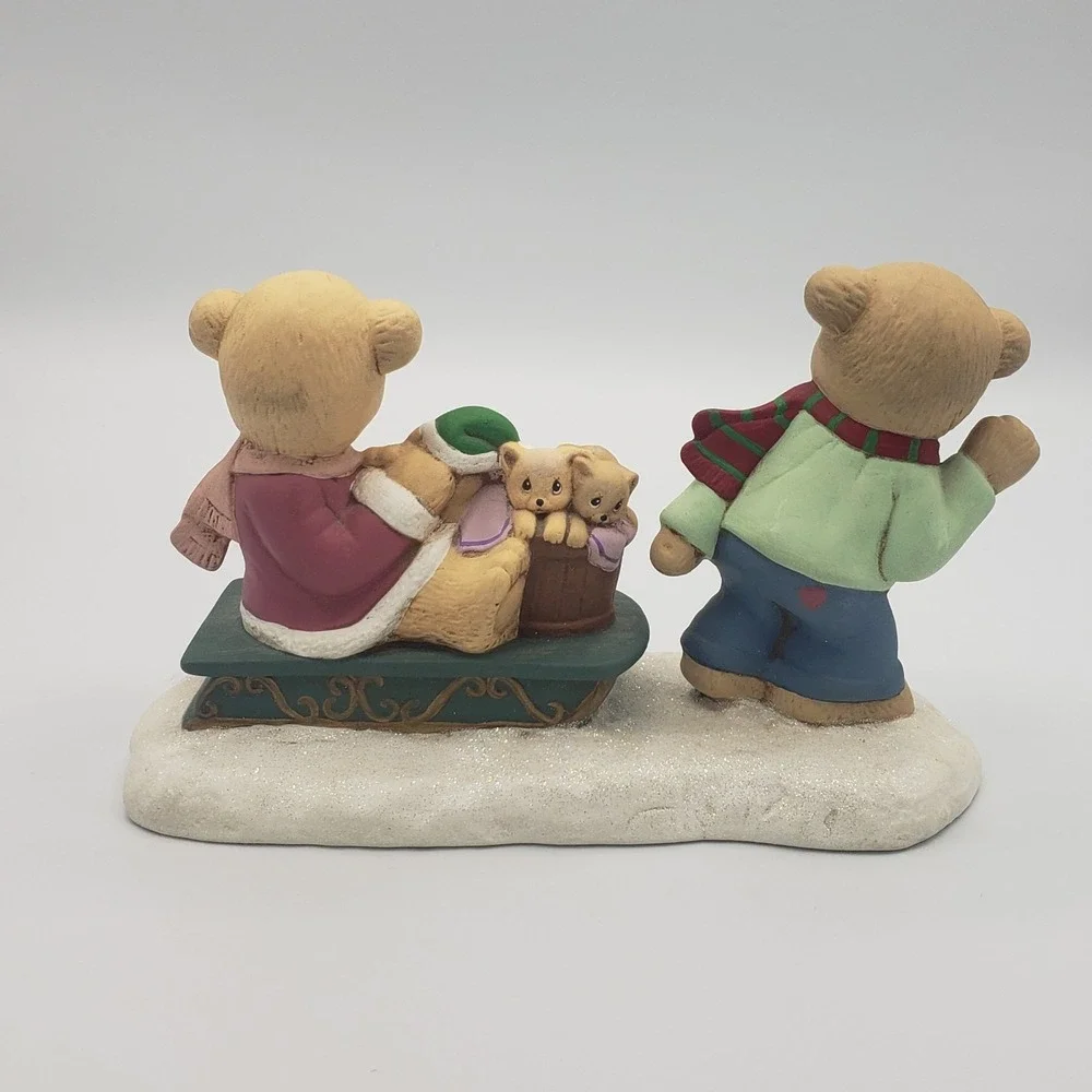Hand Crafted Painted Winter Bear Family With Sled Ceramic Figurine Holiday‎